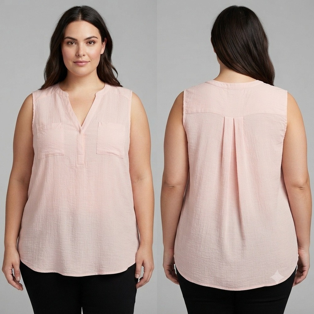 Torrid Blouse Womens 1X Pink Gauze Sleeveless Split Neck Pleated Back Blouse